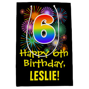 6th Birthday: Fun Fireworks Pattern + Rainbow 6 Medium Gift Bag