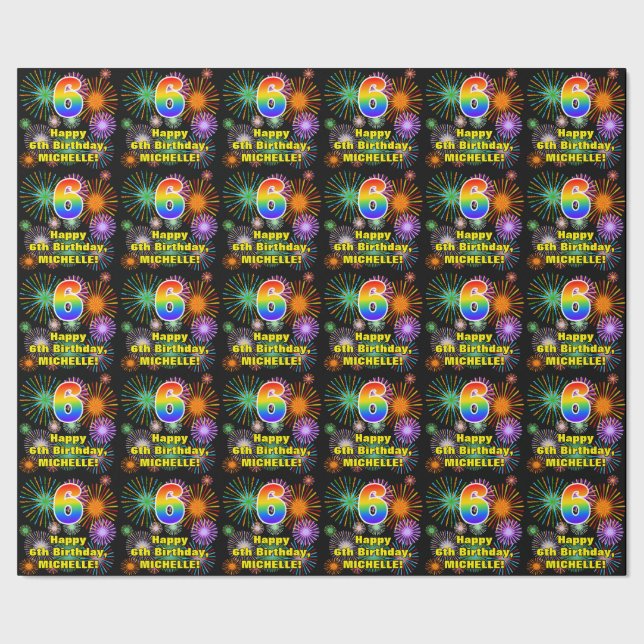 6th Birthday: Fun Fireworks, Rainbow Look # “6” Wrapping Paper (Seam)