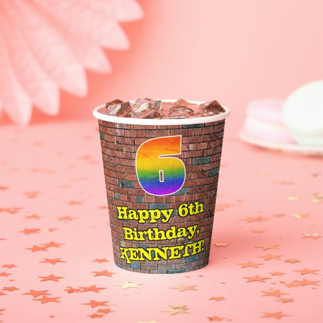 6th Birthday: Fun Graffiti-Inspired Rainbow 6 Paper Cups (Insitu)