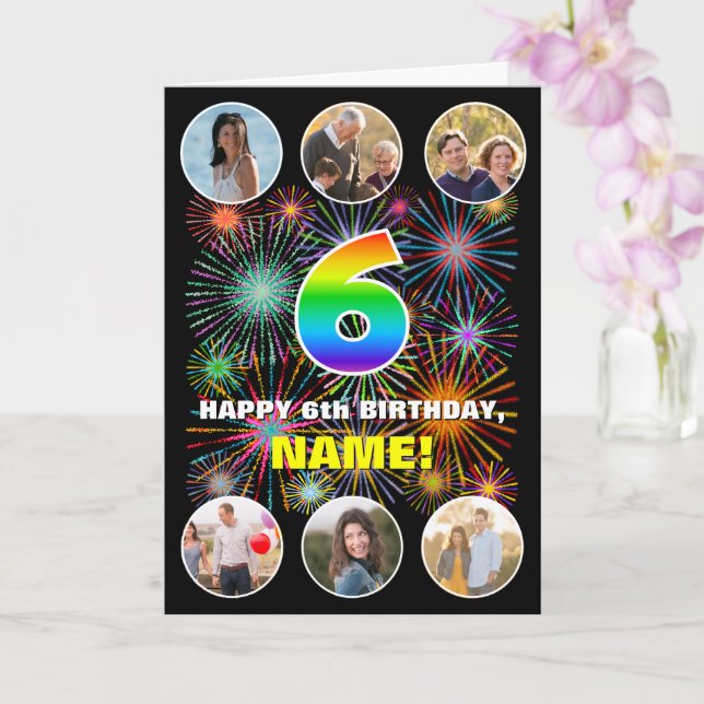 6th Birthday: Fun Rainbow #, Custom Name & Photos Card (Orchid)
