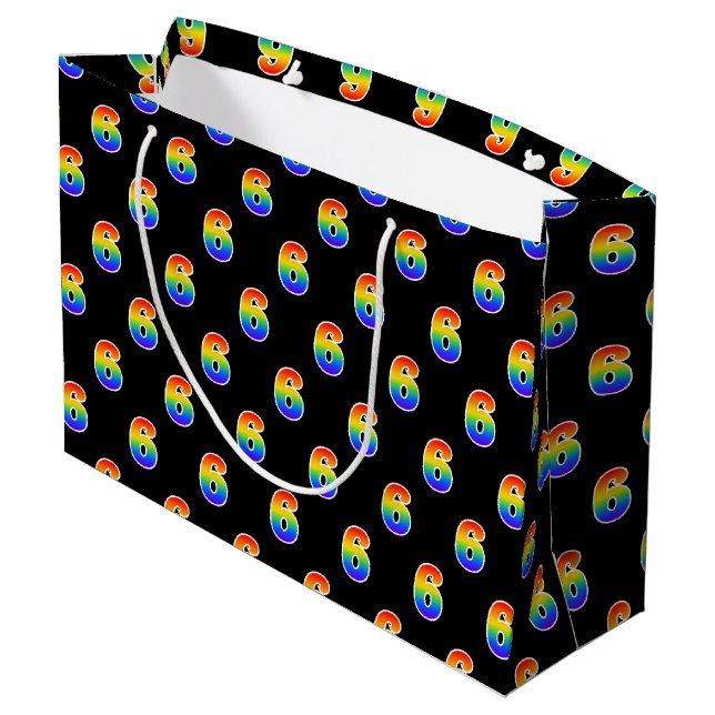 6th Birthday: Fun Rainbow Event Number 6 Pattern Large Gift Bag (Back Angled)