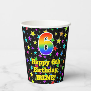 6th Birthday: Fun Stars Pattern and Rainbow 6 Paper Cups