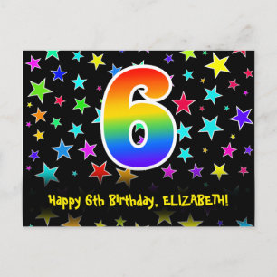 6th Birthday: Fun Stars Pattern, Rainbow 6, Name Postcard