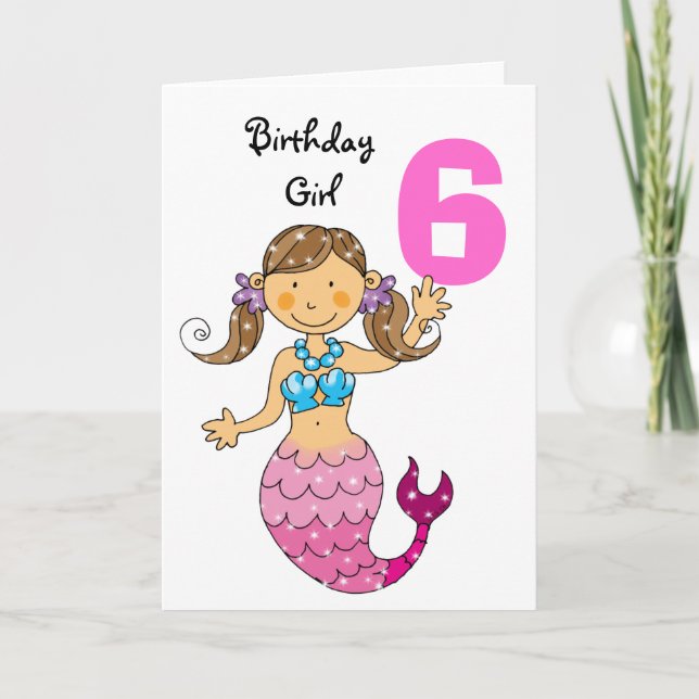 6th birthday gift for a girl, cute mermaid card (Front)