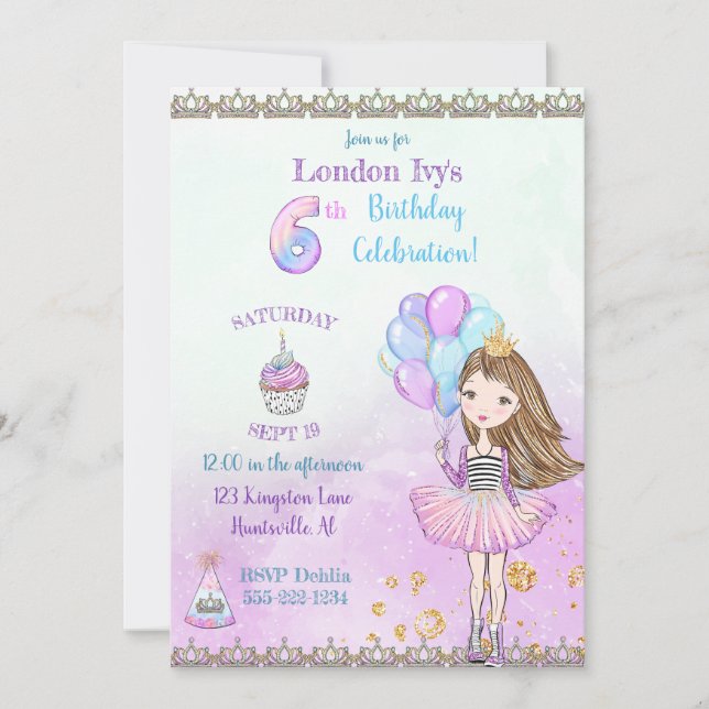 6th Birthday Girl Princess Cupcake Balloons Invitation (Front)