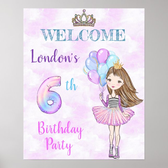 6th Birthday Girl Princess Lavender Turquoise Poster (Front)