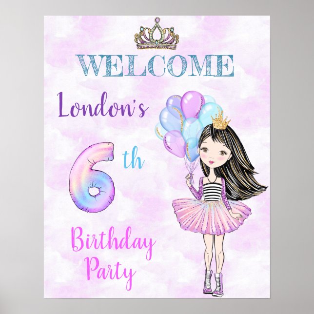 6th Birthday Girl Princess Lavender Turquoise Poster (Front)