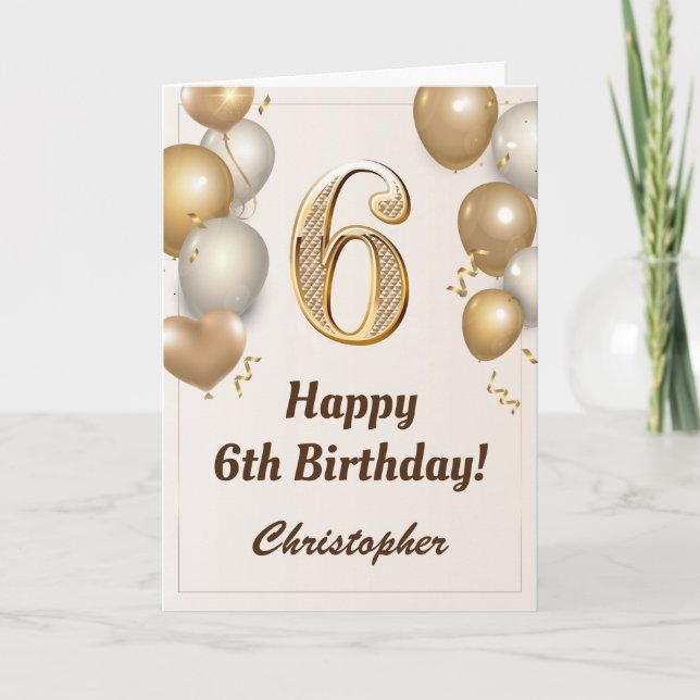 6th Birthday Gold Balloons and Confetti Birthday Card (Front)