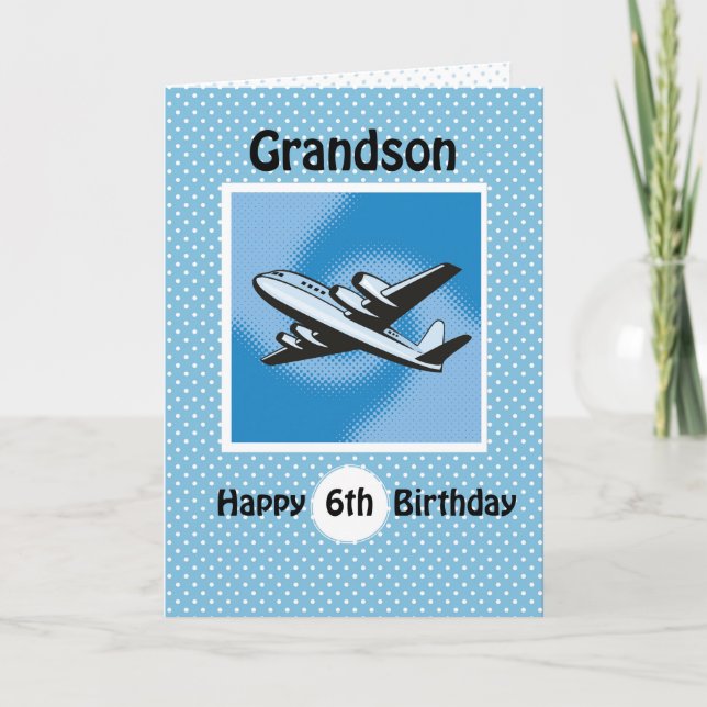 6th Birthday, Grandson, Aeroplane on Blue Card (Front)