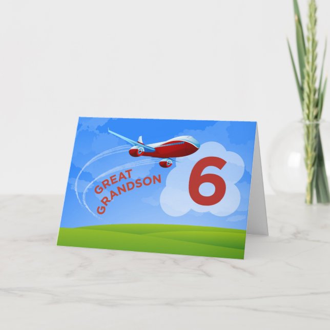 6th Birthday, Great Grandson, Red Aeroplane Card (Front)