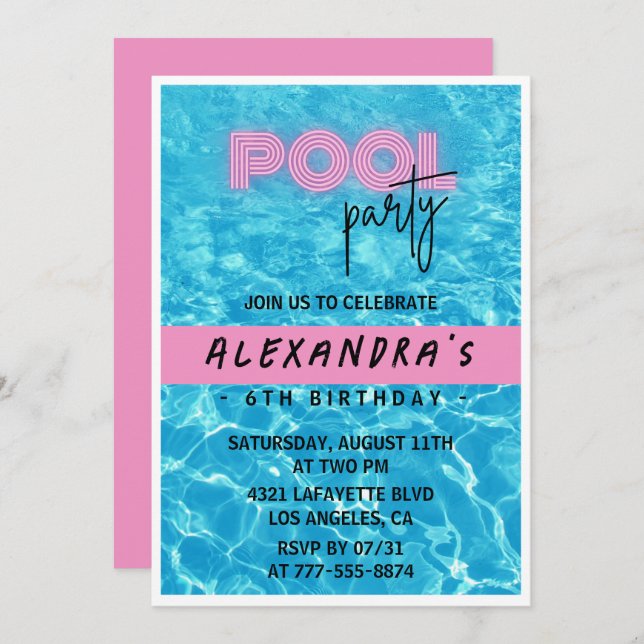 6th birthday invitation for her Pool Party Summer (Front/Back)