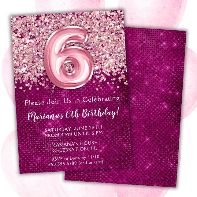 6th Birthday Invitation Girly Magenta Pink Glitter (Creator Uploaded)