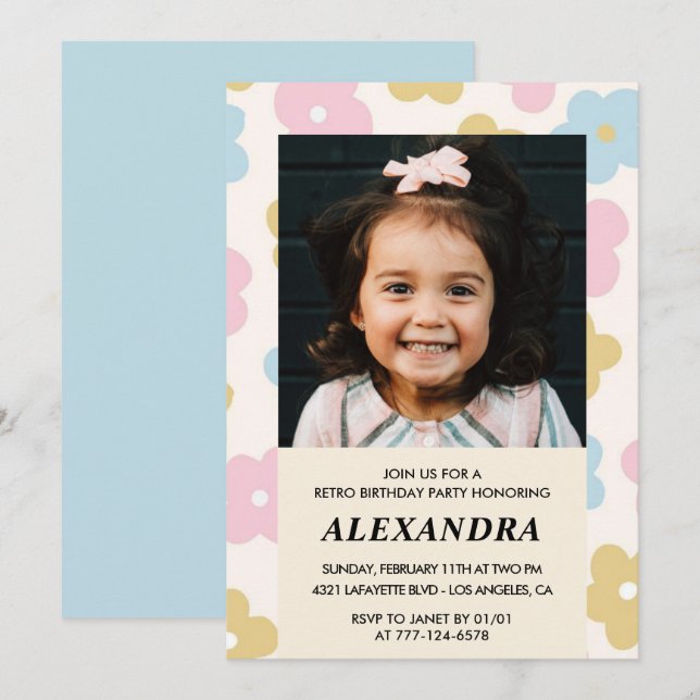 6th birthday invitation Retro Groovy Flowers Cute (Front/Back)