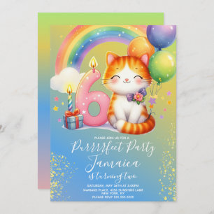 6th Birthday Kitten Rainbow Party Invitation