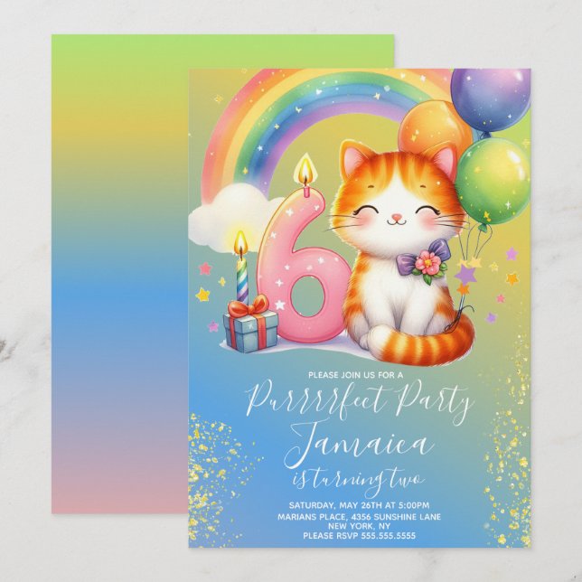 6th Birthday Kitten Rainbow Party Invitation (Front/Back)