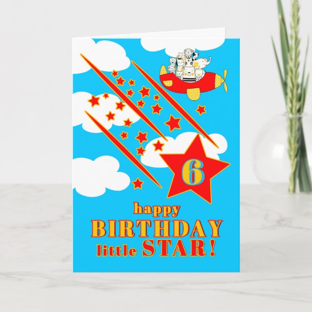 6th Birthday Little Star Cute Animals in a Plane Card (Front)