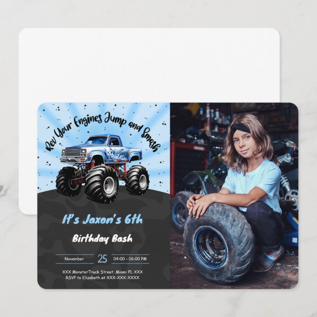 6th Birthday Monster Truck Photo Invitation (Front/Back)