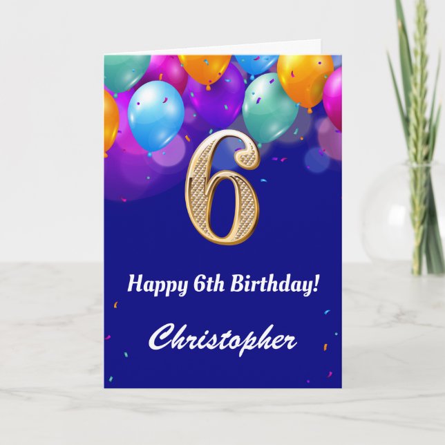 6th Birthday Navy Blue and Gold Colourful Balloons Card (Front)