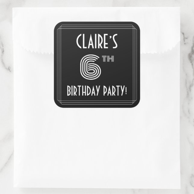 6th Birthday Party: Art Deco Style & Custom Name Square Sticker (Bag)