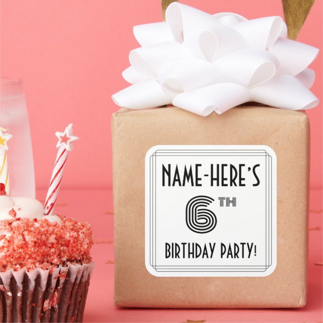 6th Birthday Party: Art Deco Style + Custom Name Square Sticker (Party)