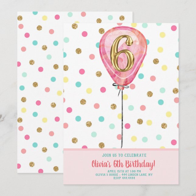 6th Birthday Party Balloon Invitation (Front/Back)