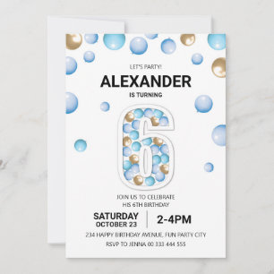 6th Birthday Party, Blue and Gold Balloon Boy Invitation