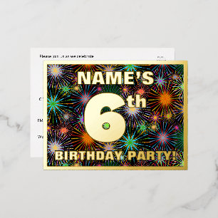 6th Birthday Party: Bold, Colourful Fireworks Look Foil Invitation Postcard