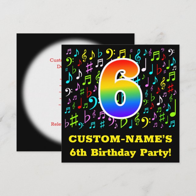 6th Birthday Party: Fun Music Symbols, Rainbow 6 Invitation (Front/Back)