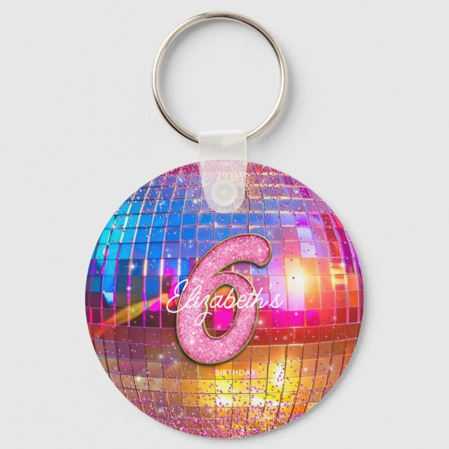 6th Birthday Party Gold Pink Glitter Disco Ball Key Ring (Back)