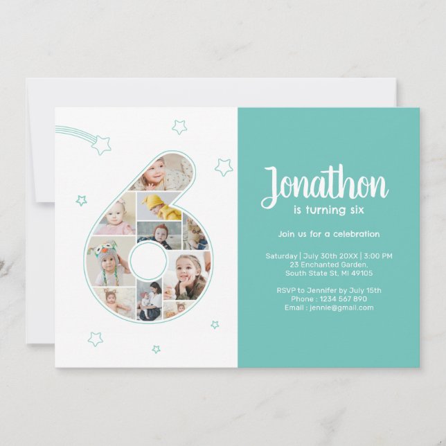 6th Birthday Party Number 6 Custom Photo Collage Invitation (Front)