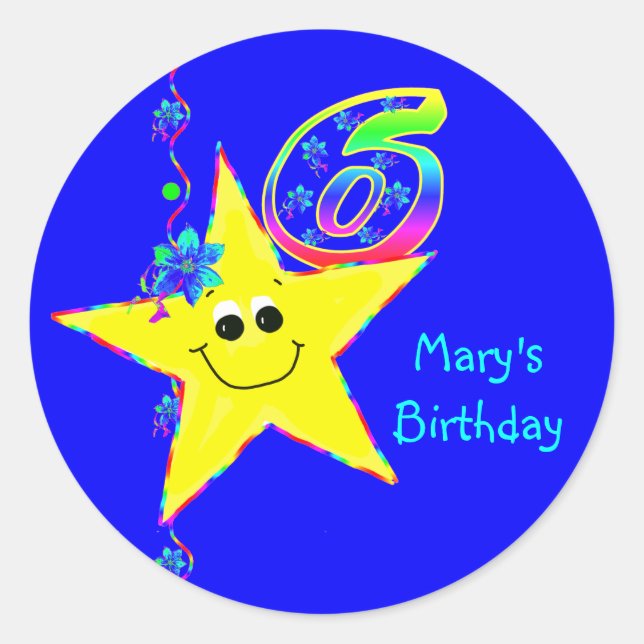 6th Birthday Party Smiling Stars Stickers (Front)