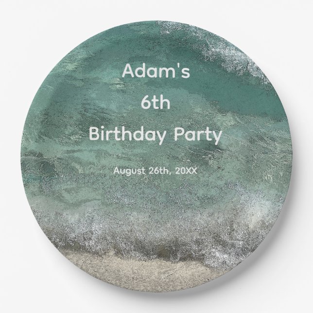 6th Birthday Party Water Abstract Custom Name Age Paper Plate (Front)