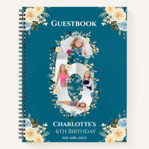 6th Birthday Photo Blue Yellow Flower Guest Book