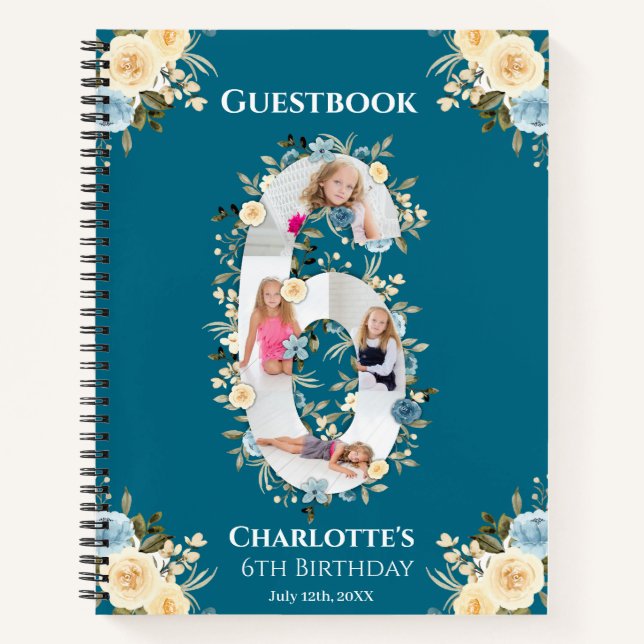 6th Birthday Photo Blue Yellow Flower Guest Book (Front)