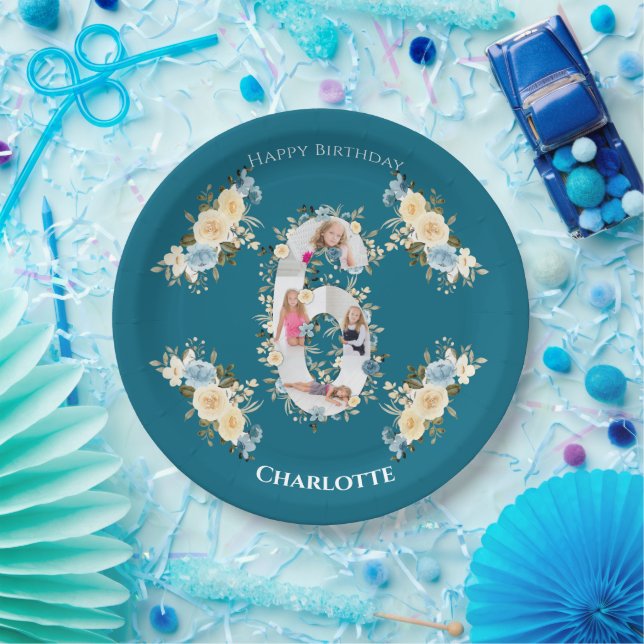 6th Birthday Photo Collage Blue Yellow Flower Teal Paper Plate (Party)