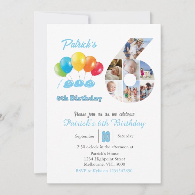 6th birthday photo collage number 6 Boy Invitation (Front)