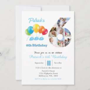 6th birthday photo collage number 6 Boy Invitation