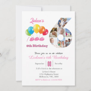 6th birthday photo collage number 6 Girl  Invitation