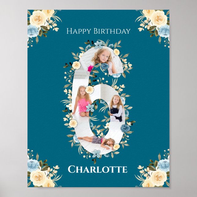 6th Birthday Photo Collage Teal Blue Yellow Flower Poster (Front)
