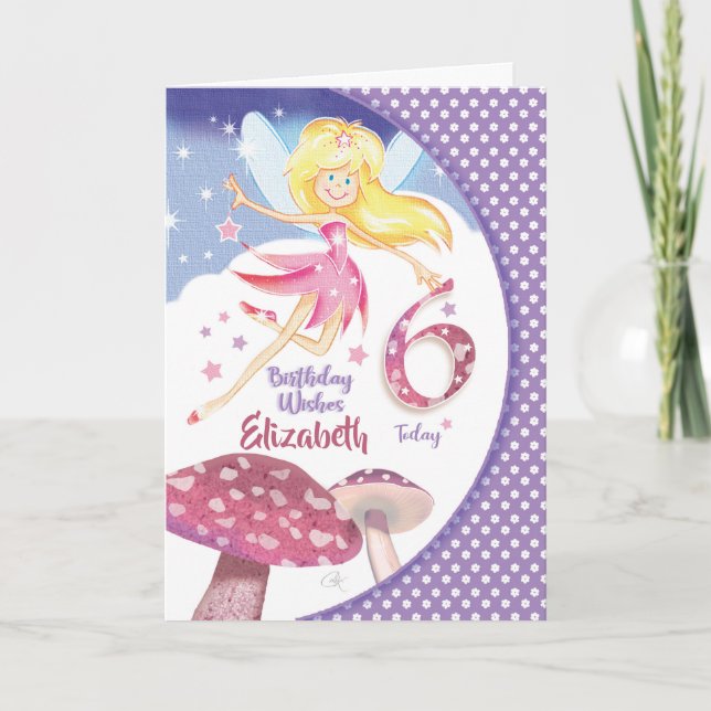 6th Birthday, Pink Fairy & mushrooms Card (Front)