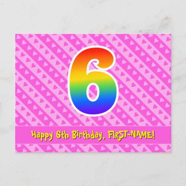 6th Birthday: Pink Stripes & Hearts, Rainbow 6 Postcard (Front)