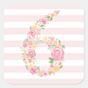 6th Birthday Pink Stripes & Watercolor Floral SIX Square Sticker