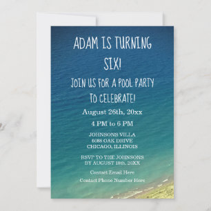 6th Birthday Pool Party Blue Water Seashore Beach Invitation