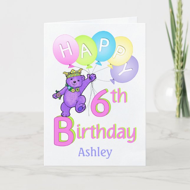 6th Birthday Princess Bear, Custom Name Card (Front)