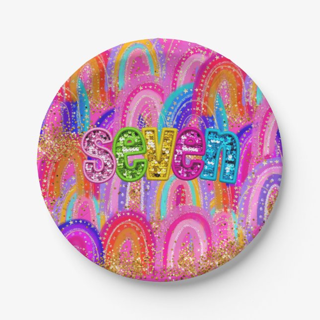 6th Birthday Rainbow Sequin Paper Plate (Front)