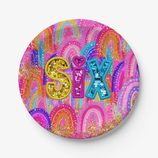 6th Birthday Rainbow Sequin Paper Plate (Front)