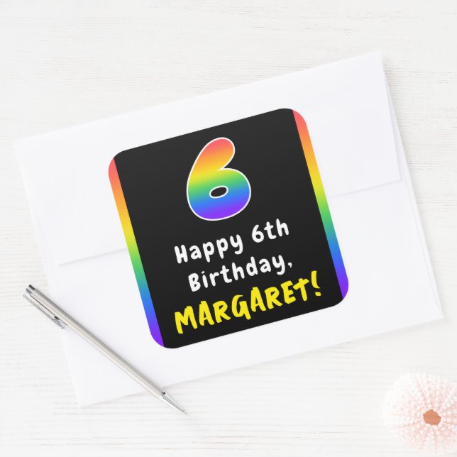 6th Birthday: Rainbow Spectrum # 6, Custom Name Square Sticker (Envelope)
