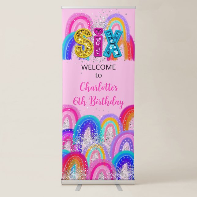 6th Birthday Rainbow Vertical Retractable Banner (Front)