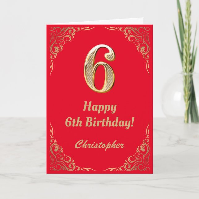 6th Birthday Red and Gold Glitter Frame Card (Front)