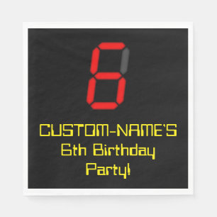 6th Birthday: Red Digital Clock Style "6" + Name Napkin